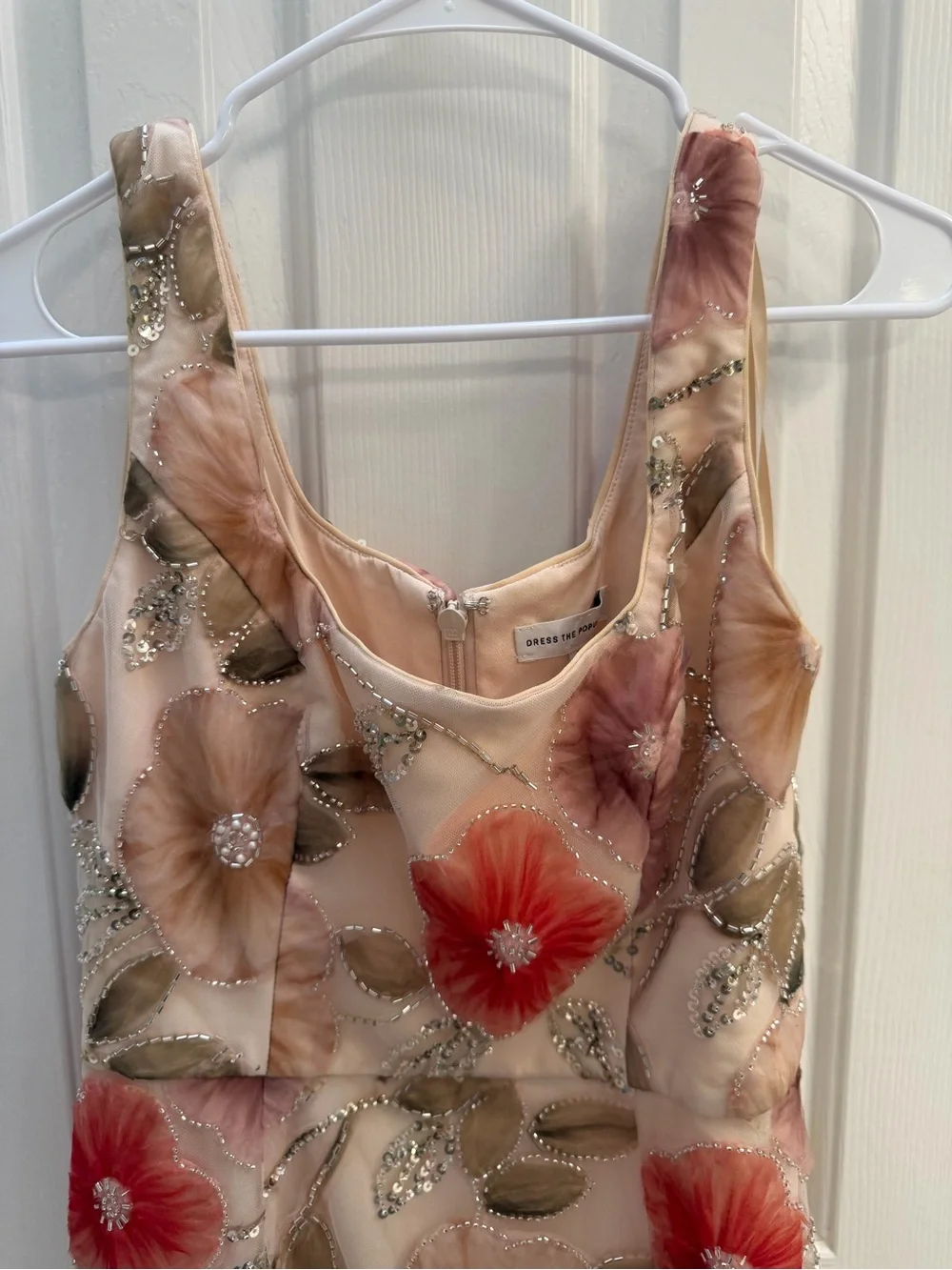 Dress the Population Blush Maxi Skirt with Coral Floral Appliqués